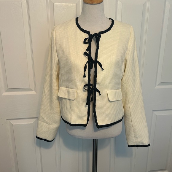 Lulus Coquette Chic Ivory And Black Tweed Tie-front Blazer White - Size L - Picture 6 of 10